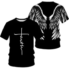 Camiseta con estampado 3D de cruz de alas de Ángel para hombre y mujer, camiseta de manga corta fresca y divertida a la moda