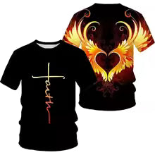 Camiseta con estampado 3D de cruz de alas de Ángel para hombre y mujer, camiseta de manga corta fresca y divertida a la moda
